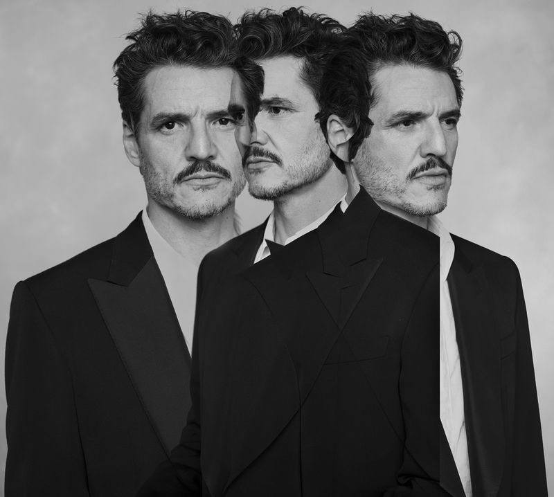Black and white portrait of Pedro Pascal, showcasing multiple overlapping exposures of the actor in a suit and tie against a neutral background.
