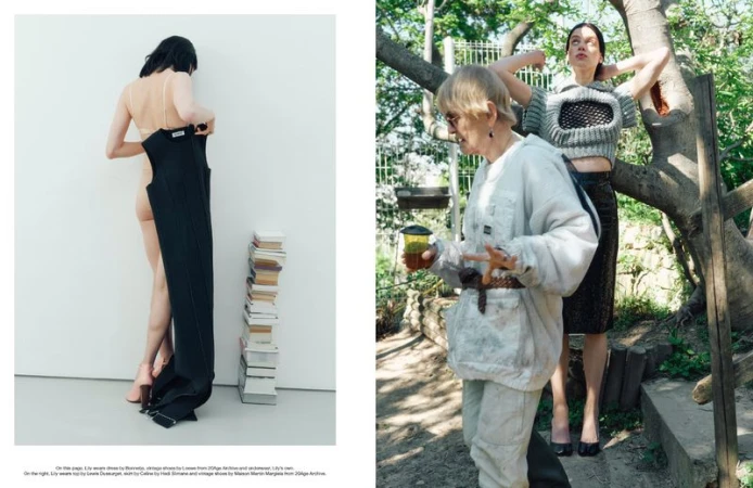 Two women pose outdoors in a fashion editorial, one holding black pants, the other in a crop top, beside a person holding a cup.