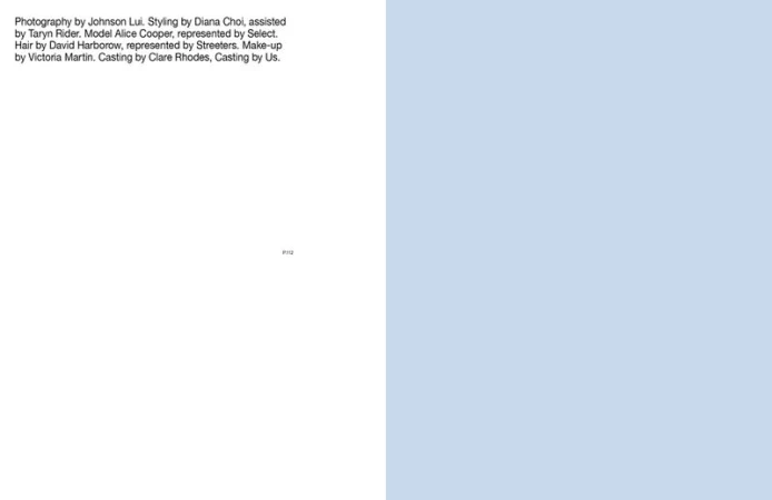Minimalist background featuring a split of white and light blue, complementing adjacent text on photography, styling, model and casting credits.