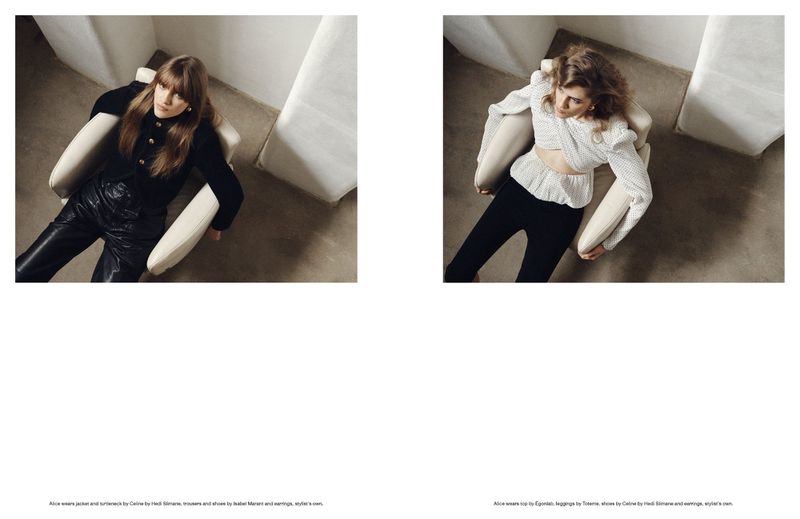 Two women pose in elegant indoor fashion shots. One wears a black jacket and leather pants, the other a white top and black leggings.