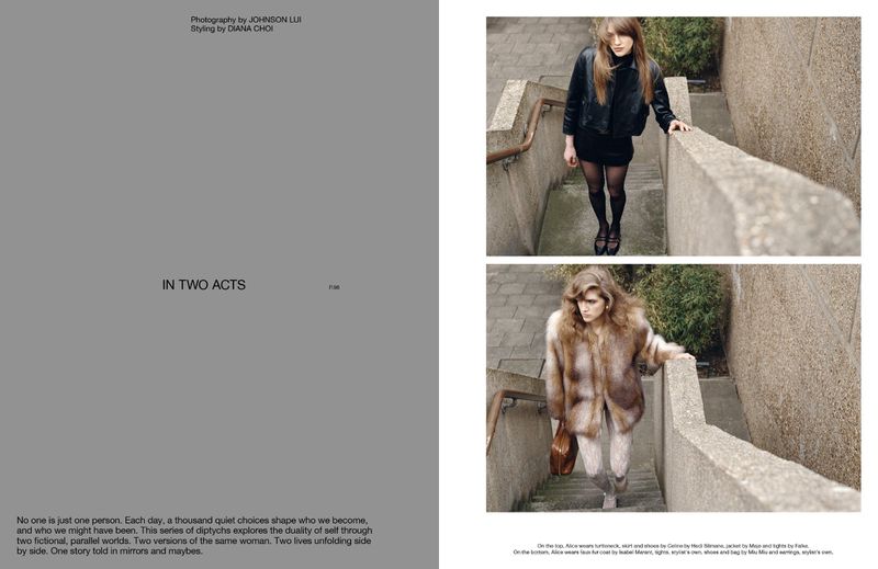 Fashion editorial featuring two women in outerwear, one in a black leather jacket and the other in a fur coat, on concrete steps.