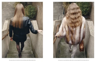 Diptych of a model with long blonde hair walking down concrete outdoor steps seen from behind in an editorial spread.