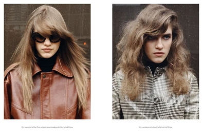 Diptych portrait of model Alice Cooper in a brown leather jacket and sunglasses alongside a textured plaid coat for endless magazine.