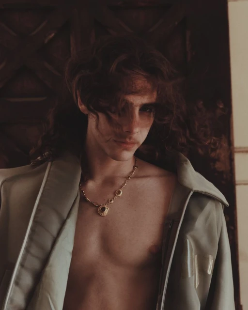 Portrait of a young adult male with long brown hair wearing an unbuttoned, light green jacket and a gold necklace inside a room.