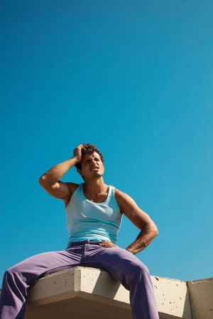 Model Sergio Modrego seated on a concrete structure in a light blue tank top and purple pants against a clear blue sky.