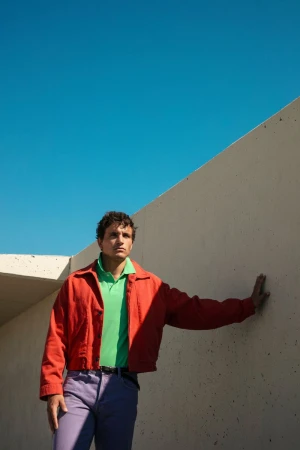 Model Sergio Modrego posing in a red jacket, green polo, and purple trousers against a concrete wall under a clear blue sky.