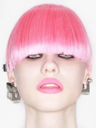 Close-up beauty portrait of a woman with blunt bright pink bowl cut bangs and metallic industrial earrings against a white background.