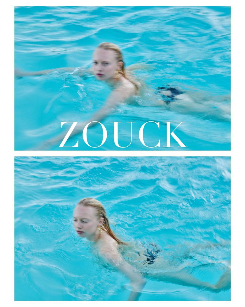 Two vertical frames of model India Tuersley swimming in bright blue pool water with white typography reading Zouck.