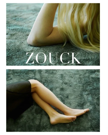 Diptych featuring model India Tuersley reclining on textured green carpeting with the typography Zouck.