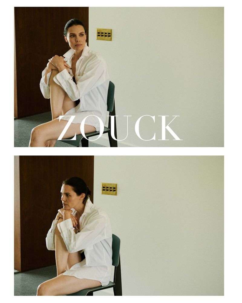 Model India Tuersley wearing an oversized white button-down shirt seated on a dark chair in a minimalist diptych composition.