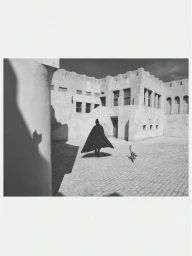 A figure in a dark flowing cape walking through an open stone courtyard accompanied by a cat in monochrome.