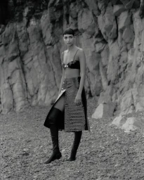 Model Nora Attal standing on a rocky beach wearing a dark crop top and textured skirt in a black and white editorial photograph.