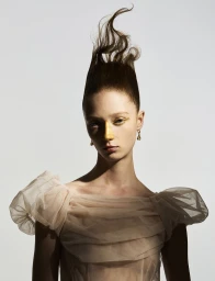 Model Lydia Reid with sculpted swept-up hair and gold nose makeup wearing a sheer ruched tulle top against a plain studio backdrop.