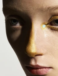 Close-up portrait of a model with metallic gold face paint on her nose and eyelids for Vogue Greece