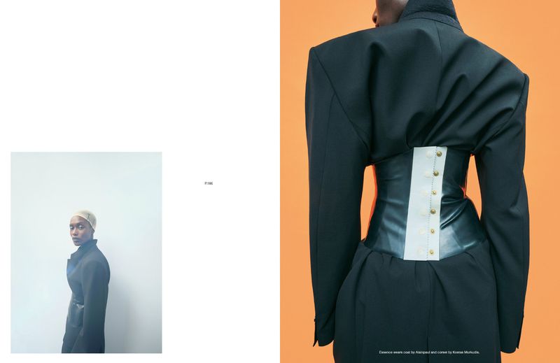 Editorial shot features a person in a black suit with a white corset, set against an orange background, and a person in black against a white wall.