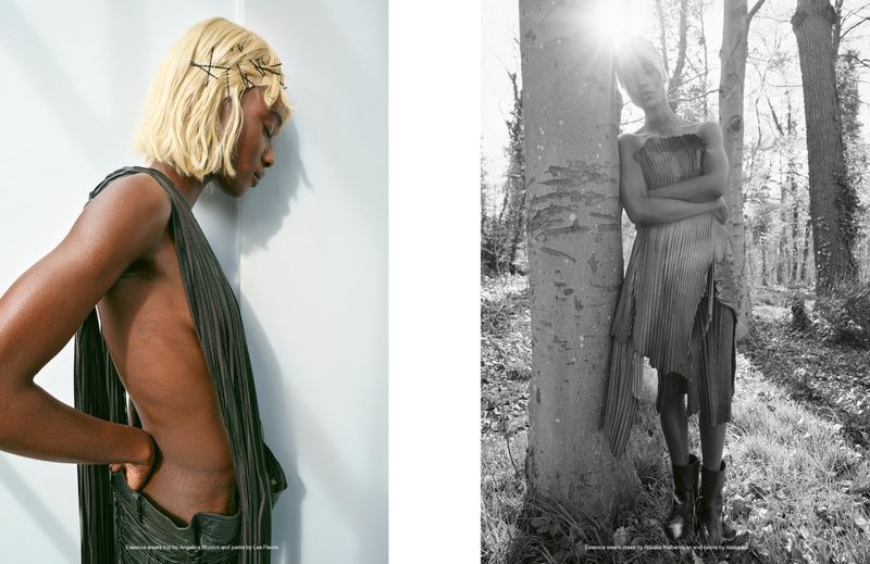 Two black and white fashion portraits of androgynous model with light blonde hair wearing a dress in a studio and forest.