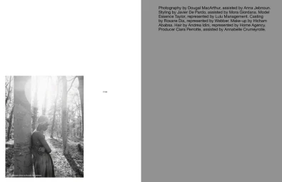 Black and white fashion editorial spread featuring model Essence Taylor leaning against a tree in a sunlit forest beside credits text.