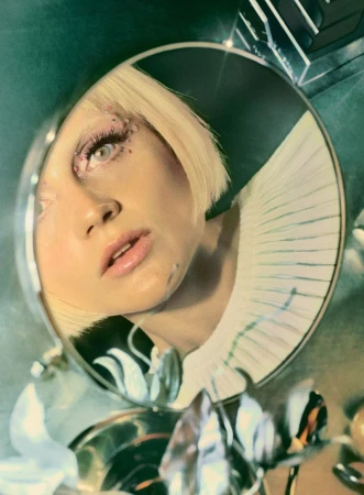 Reflection in a round mirror of a woman with a blonde bob, crystal eye embellishments, and a pleated collar.