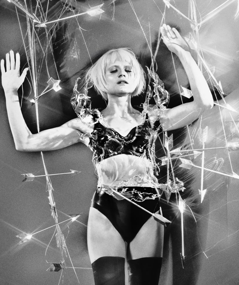 Mala Emde wearing black latex lingerie and a clear sculptural bodice surrounded by suspended arrows for Vogue Germany.