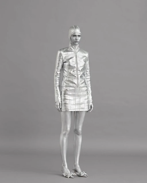 Silver-painted woman in matching mini skirt and jacket with hood poses in a fashion-style studio shot on a gray backdrop.