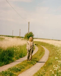 Model Georgina Grenville walking along a rural dirt road surrounded by grassy meadow fields in a plaid coat outfit.