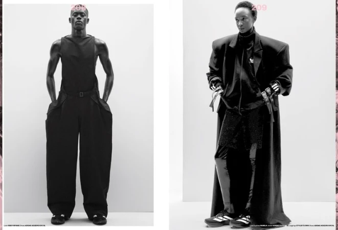 Two fashion models pose in black outfits against a white backdrop, showcasing minimalist and edgy designs for a high-fashion aesthetic.