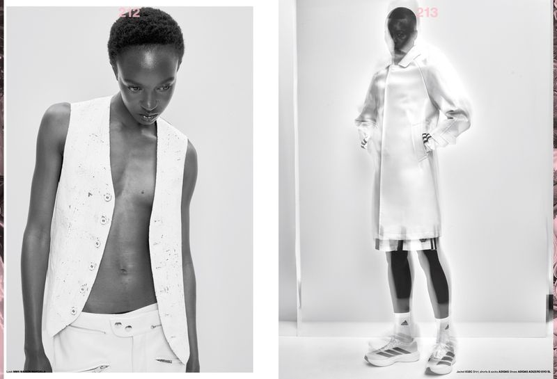Two photos of models wearing white Adidas fashion clothing in a minimalist studio setting with white background and floral detail on the edges.