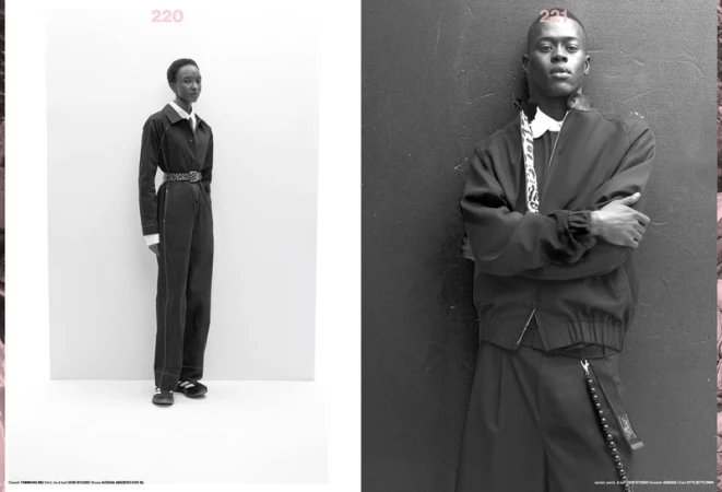 Two fashion models in black and white studio shot. One in a jumpsuit, the other in a bomber jacket. Editorial fashion photography.