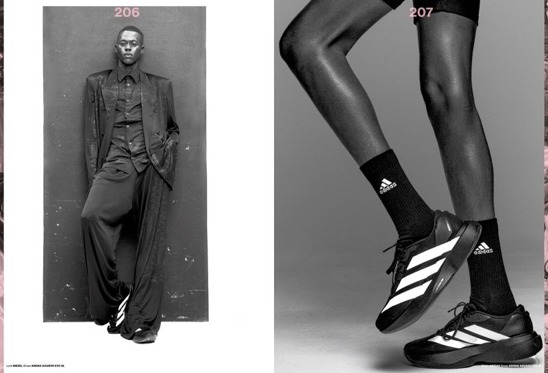 A split fashion editorial image shows a man in a dark suit and Adidas sneakers, and a close-up of Adidas sneakers and black socks.