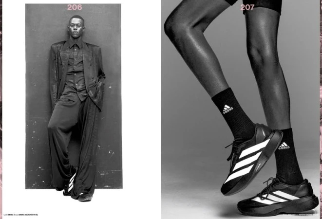 A split fashion editorial image shows a man in a dark suit and Adidas sneakers, and a close-up of Adidas sneakers and black socks.