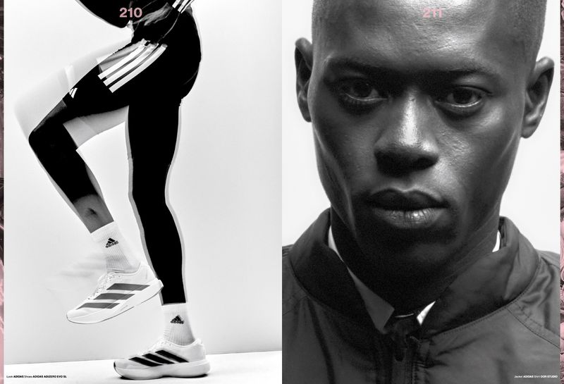 Athletic fashion shot: African-American man with Adidas athletic shoes and running leggings against white studio background, close-up portrait.