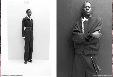 Black and white editorial magazine spread featuring Nicole Atieno in a jumpsuit alongside a man in a bomber jacket.