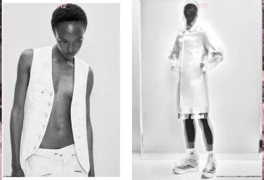 Black and white editorial fashion spread featuring two panels with models in white apparel against plain studio background