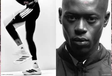 Black and white editorial spread showing athletic legs in Adidas running gear on the left and a close-up portrait of a Black man on the right.