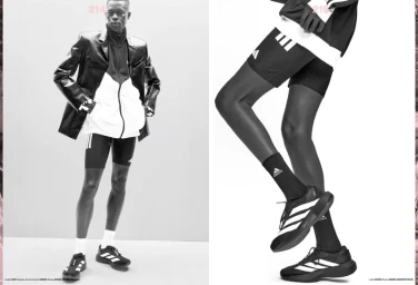 Black and white editorial layout showing a model in sportswear and a shiny jacket against a plain studio background.