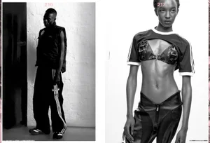 Editorial magazine spread featuring Nicole Atieno in a cropped athletic top and buckle bralette alongside a man in black track pants.