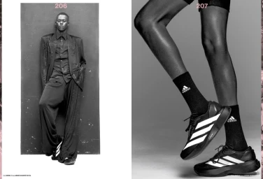 Black and white editorial spread featuring a model in a relaxed dark suit on the left and a close-up of legs in sneakers on the right.