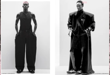 Two black and white portrait panels featuring two models wearing dark avant-garde clothing against a white seamless background.