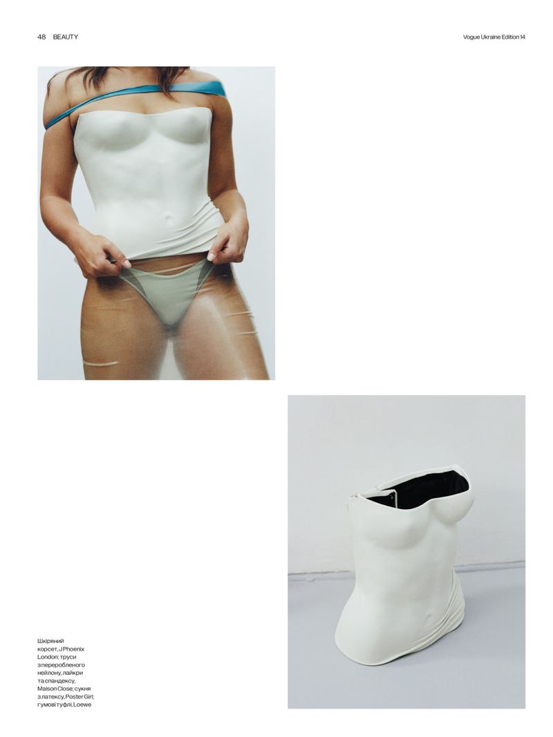 Magazine page featuring a model wearing a sculpted white corset top alongside a standalone still life of the sculptural bustier.