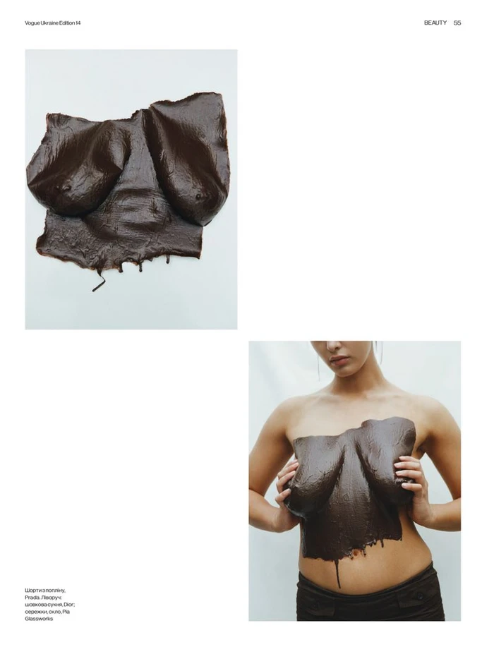 Magazine editorial page showing a molded chocolate torso cast and a model holding it over her chest against a white background.