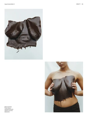 Magazine editorial page showing a molded chocolate torso cast and a model holding it over her chest against a white background.