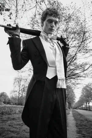 Black and white portrait of an adult man in a vintage-style formal tuxedo and holding an umbrella outdoors on a path.