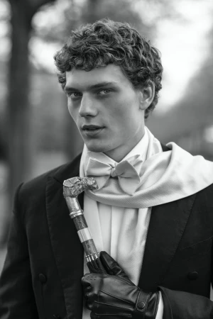 Monochrome portrait of a stylish adult male in a tuxedo with a bow tie, holding a walking cane, outdoors.