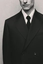 Close-up of model Jonas Mason wearing a black double-breasted suit jacket, white dress shirt, and black tie for Zara Suits Collection.