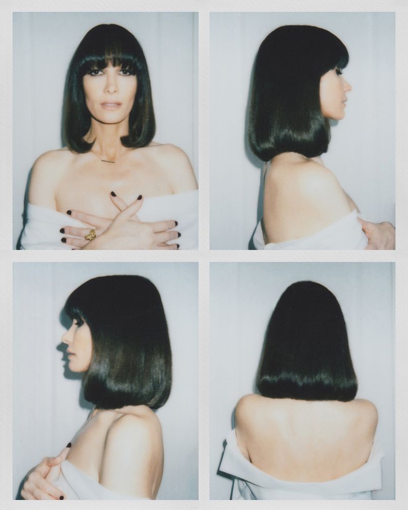 Studio portrait of a woman with dark hair and fair skin, captured in four different poses against a neutral background, beauty shot.