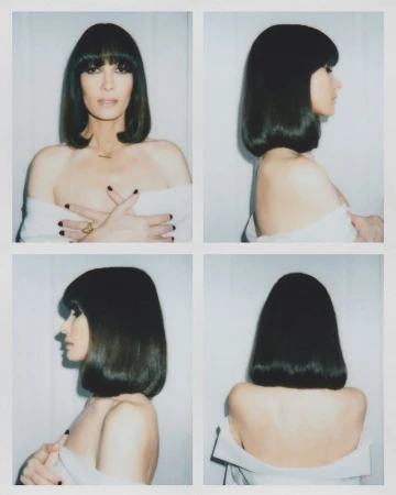 Studio portrait of a woman with dark hair and fair skin, captured in four different poses against a neutral background, beauty shot.