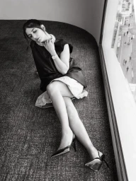 Black and white photo of a woman reclining on a carpeted floor beside a large window, wearing a dark top and slingback heels.