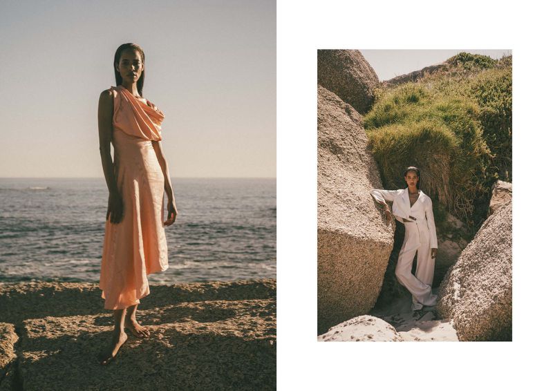 Diptych of a model wearing a peach dress by the ocean and a white suit framed by rocky boulders for Make Magazine Glen Beach editorial.