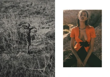 Fashion editorial diptych featuring model Gilone in a patterned dress in dry scrubland and an orange plunge top outdoors.