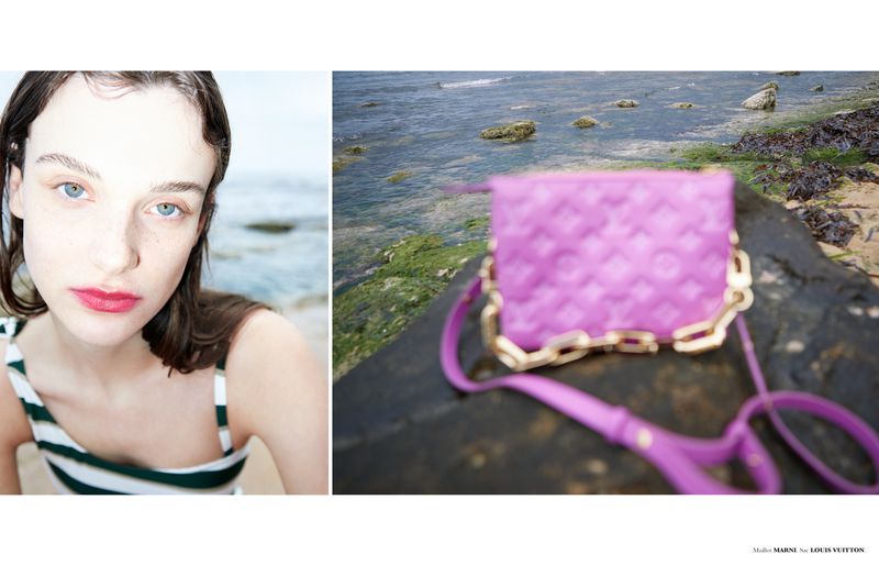Diptych showing model Sara Dijkink in a green striped top next to a quilted purple chain handbag resting on coastal rocks.